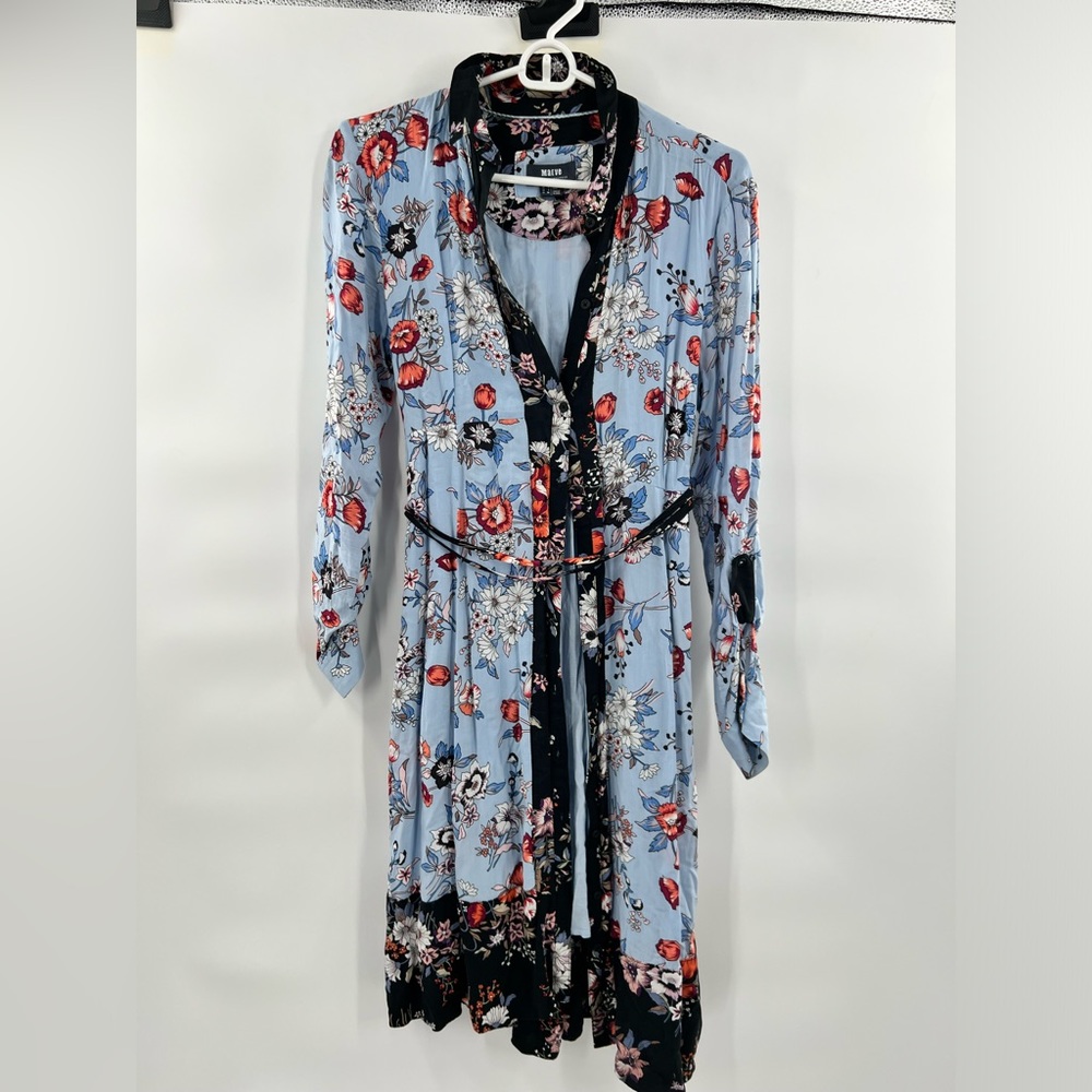 Anthropologie Light Blue Floral Long-Sleeve Belted Midi Dress